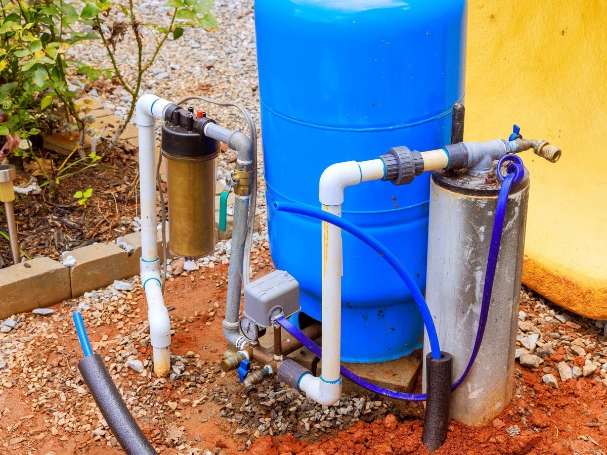 Blue bladder pressure tank with a pressure switch and gauge beside a well casing